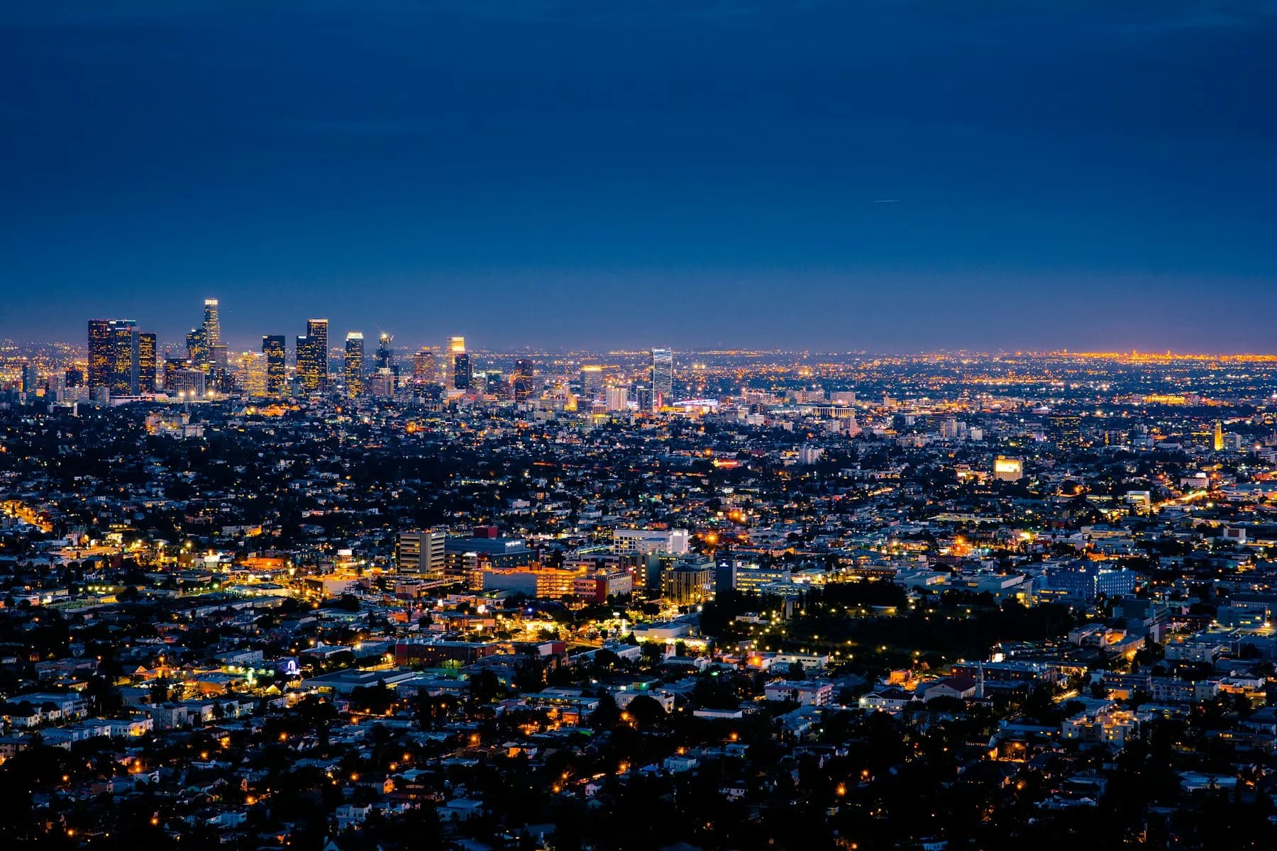 A city skyline at dusk