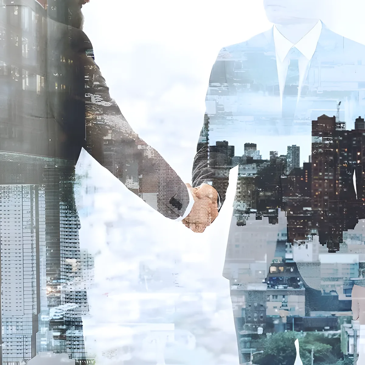 A handshake layered over a city skyline